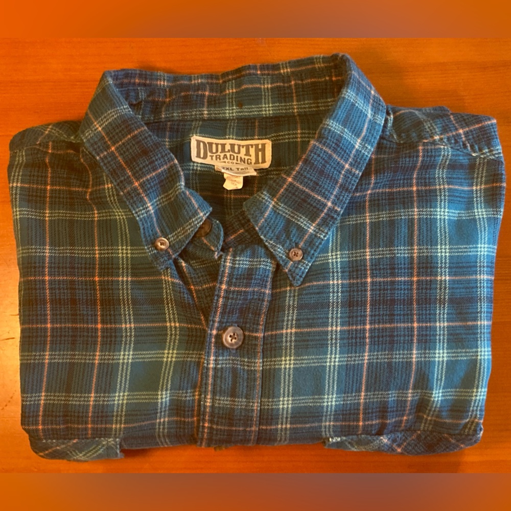 Duluth Trading Co Flannel Shirt Size 2XLT Teal Orange Plaid Long Sleeve